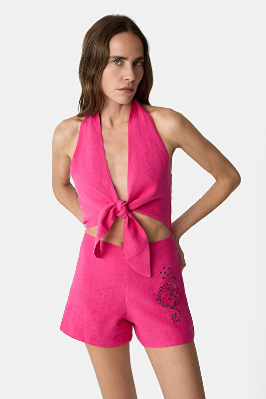 Pembe Nakışlı Keten Kadın Tulum