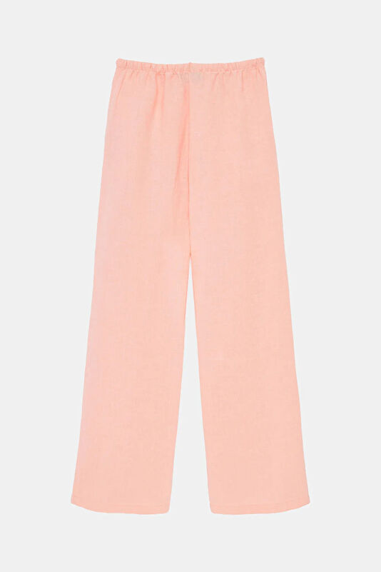 Açık Pembe Wide Leg Keten Kadın Pantolon 2