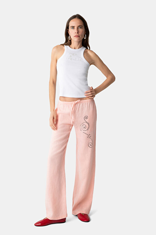 Açık Pembe Wide Leg Keten Kadın Pantolon