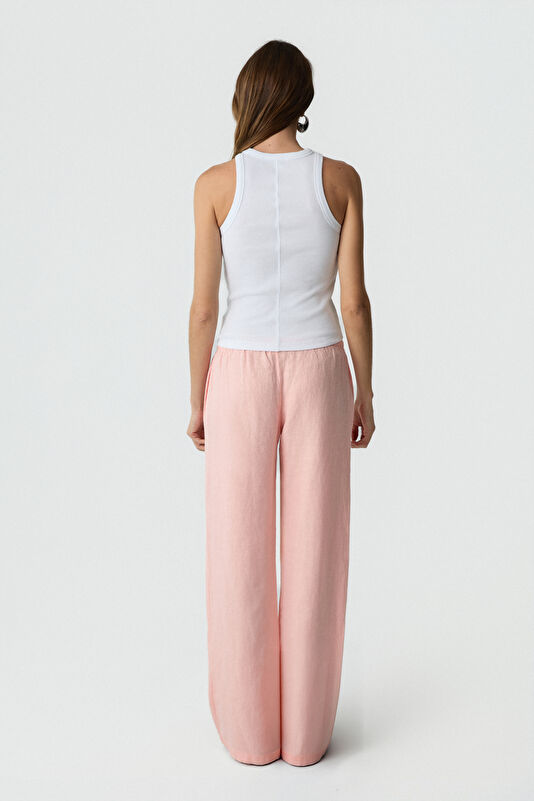 Açık Pembe Wide Leg Keten Kadın Pantolon 2
