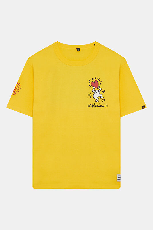 X Keith Haring Relax Kalıp Sarı Bisiklet Yaka Baskılı Erkek T-Shirt