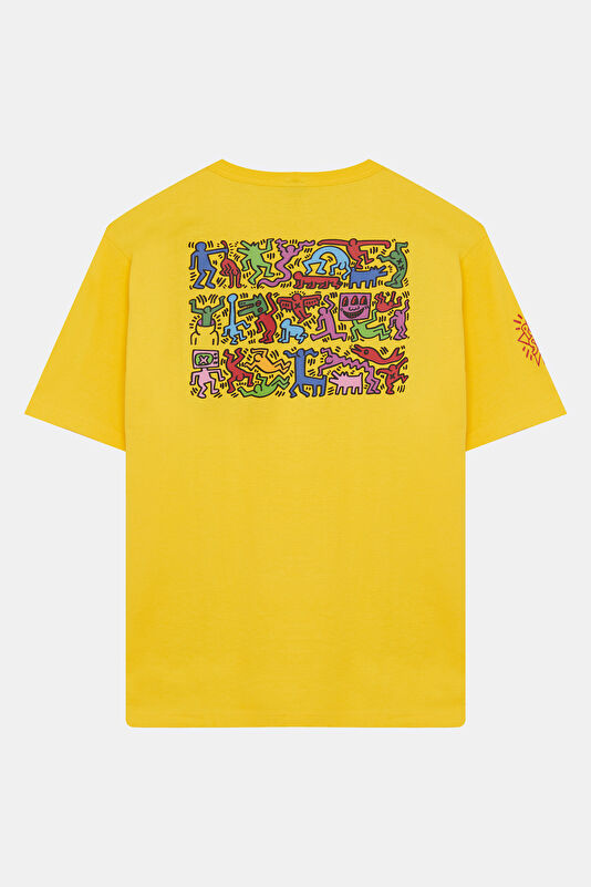 X Keith Haring Relax Kalıp Sarı Bisiklet Yaka Baskılı Erkek T-Shirt 2