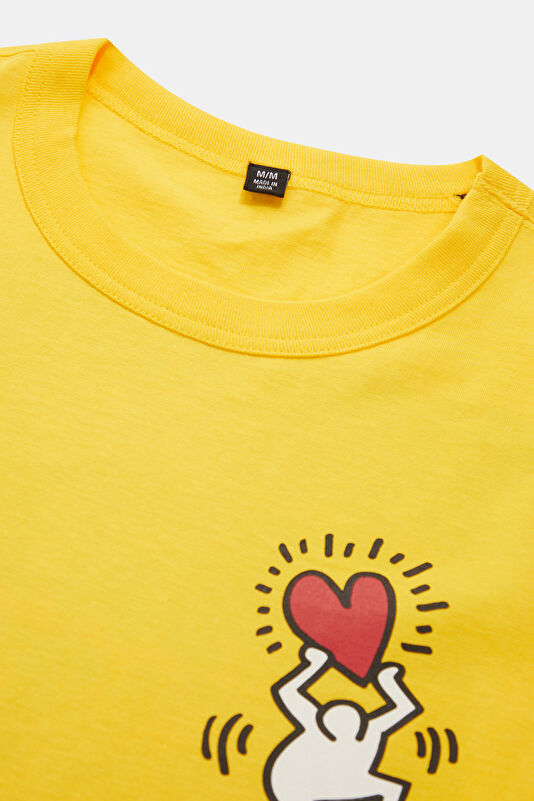 X Keith Haring Relax Kalıp Sarı Bisiklet Yaka Baskılı Erkek T-Shirt 3