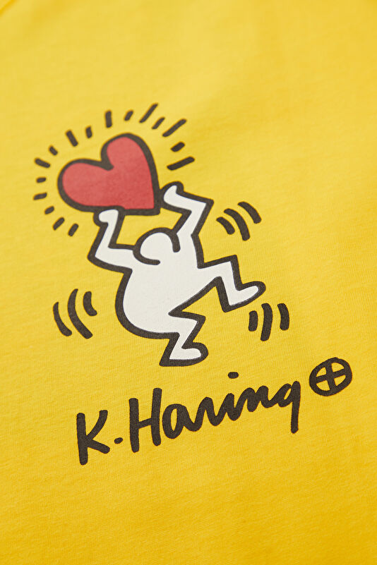 X Keith Haring Relax Kalıp Sarı Bisiklet Yaka Baskılı Erkek T-Shirt 4
