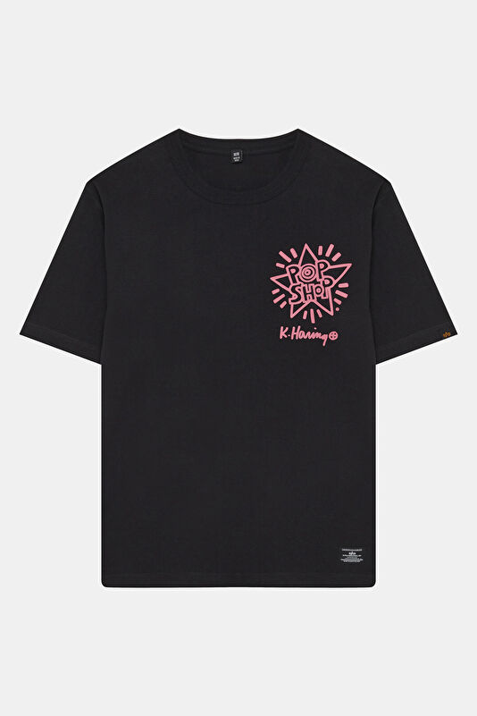 X Keith Haring Relax Kalıp Siyah Bisiklet Yaka Baskılı Erkek T-Shirt