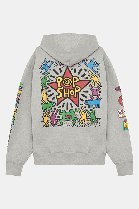 X Keith Haring Gri Relax Kalıp Kapuşonlu Erkek Sweatshirt 2