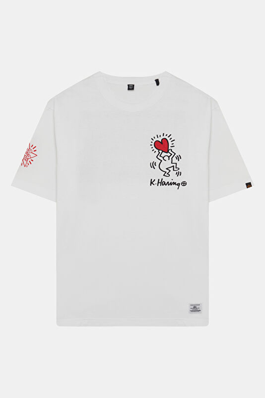 X Keith Haring Relax Kalıp Beyaz Bisiklet Yaka Baskılı Erkek T-Shirt
