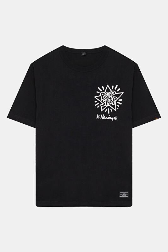 X Keith Haring Relax Kalıp Siyah Bisiklet Yaka Baskılı Erkek T-Shirt