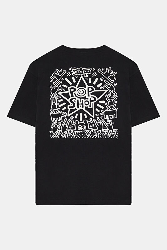 X Keith Haring Relax Kalıp Siyah Bisiklet Yaka Baskılı Erkek T-Shirt 2