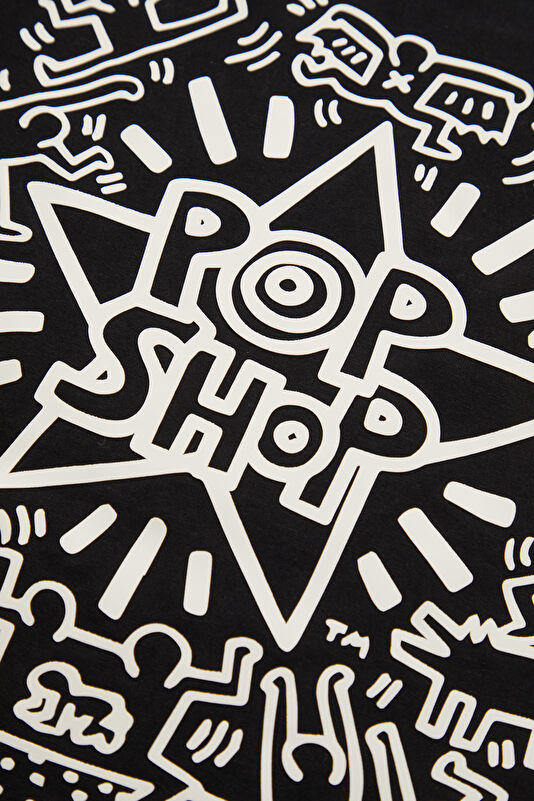 X Keith Haring Relax Kalıp Siyah Bisiklet Yaka Baskılı Erkek T-Shirt 4