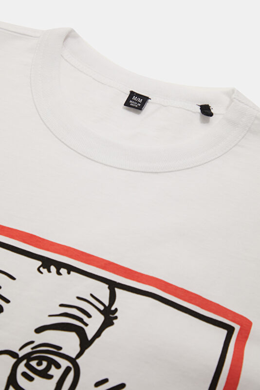 X Keith Haring Relax Kalıp Beyaz Bisiklet Yaka Baskılı Erkek T-Shirt 3