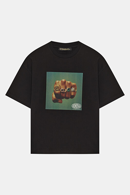 Relax Fit Black Crew Neck Printed Men's T-Shirt