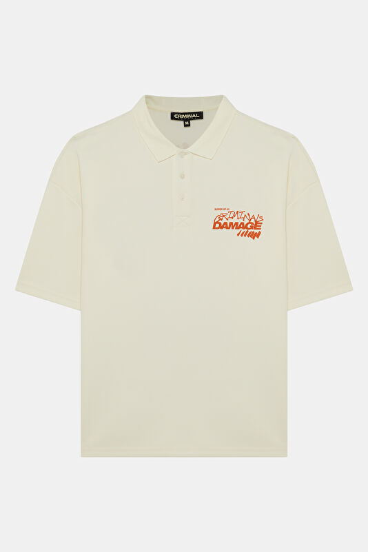 Relax Fit White Polo Collar Printed Men's T-Shirt