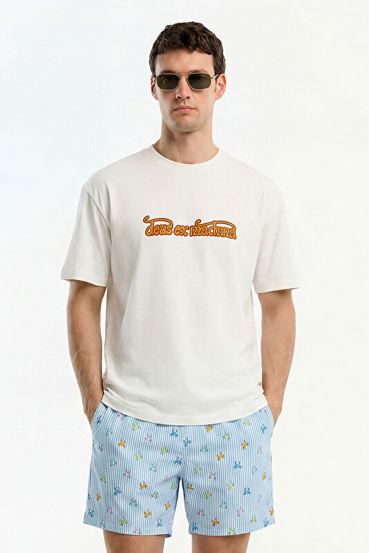 Relax Fit Ecru Crew Neck Printed Men's T-Shirt