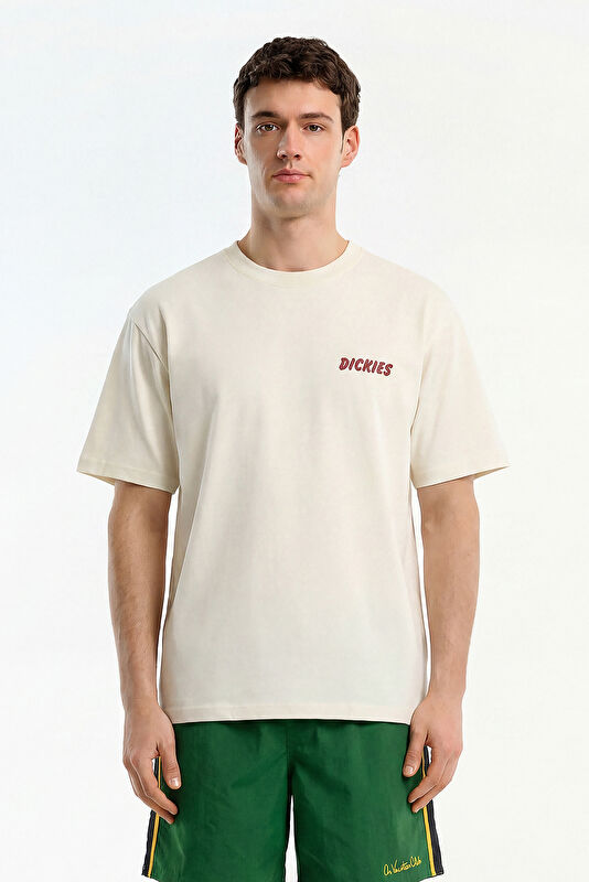 Relax Kalıp Ekru Bisiklet Yaka Baskılı Erkek T-Shirt