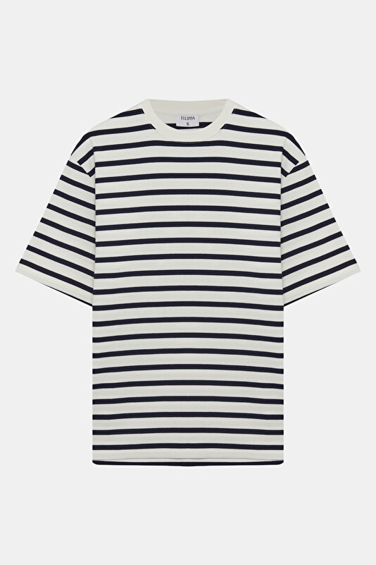 Relax Kalıp Beyaz Bisiklet Yaka Çizgili Erkek T-Shirt