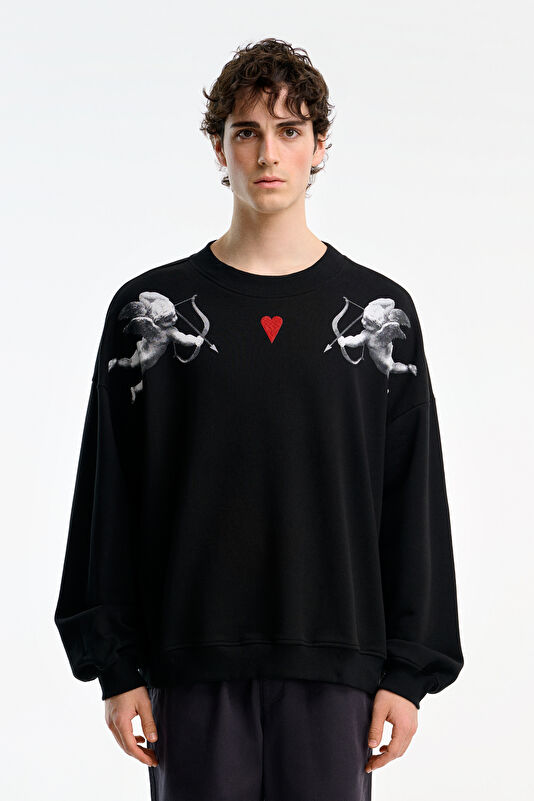 Siyah Relax Kalıp Bisiklet Yaka Erkek Sweatshirt