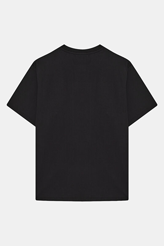 Relax Kalıp Siyah Bisiklet Yaka Baskılı Erkek T-Shirt 2