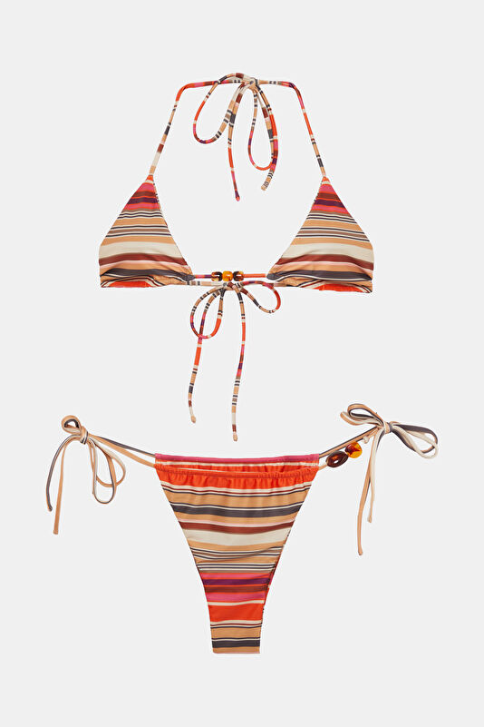 Multicolored Striped Patterned Lace-Up Women's Bikini