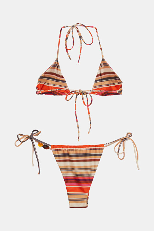 Multicolored Striped Patterned Lace-Up Women's Bikini 2