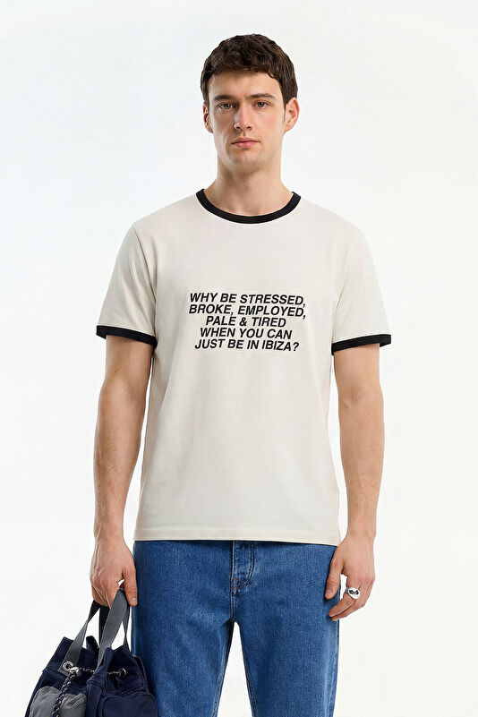 Relax Fit White Crew Neck Printed Men's T-Shirt