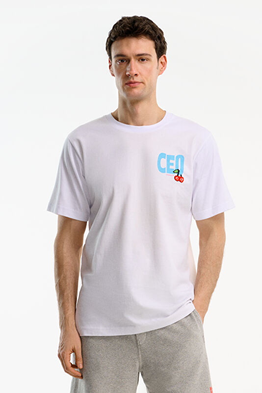 Relax Fit White Crew Neck Printed Men's T-Shirt
