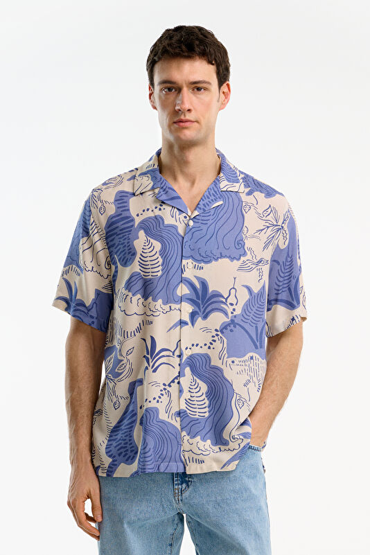 Blue Patterned Resort Collar Men's Shirt