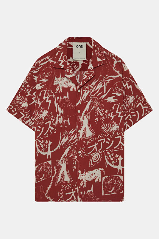 Red Patterned Resort Collar Men's Shirt 4