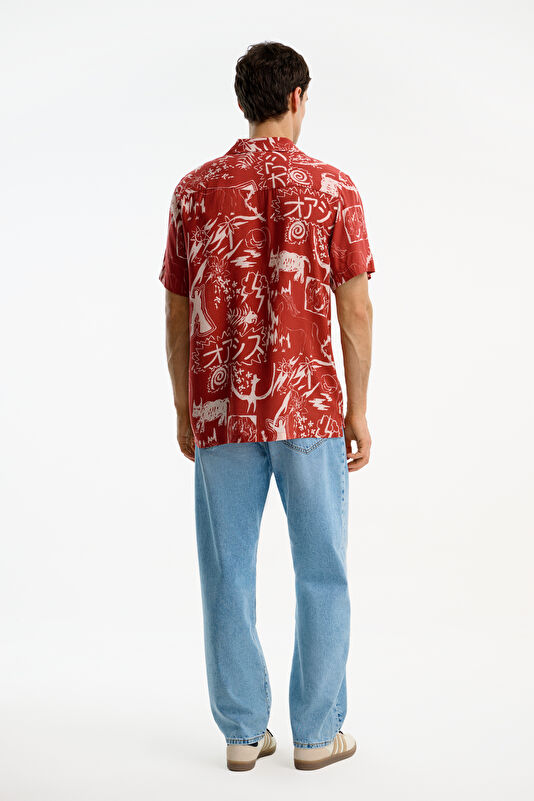 Red Patterned Resort Collar Men's Shirt 2