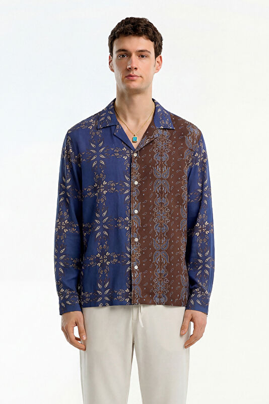 Relax Fit Blue Patterned Resort Collar Men's Shirt