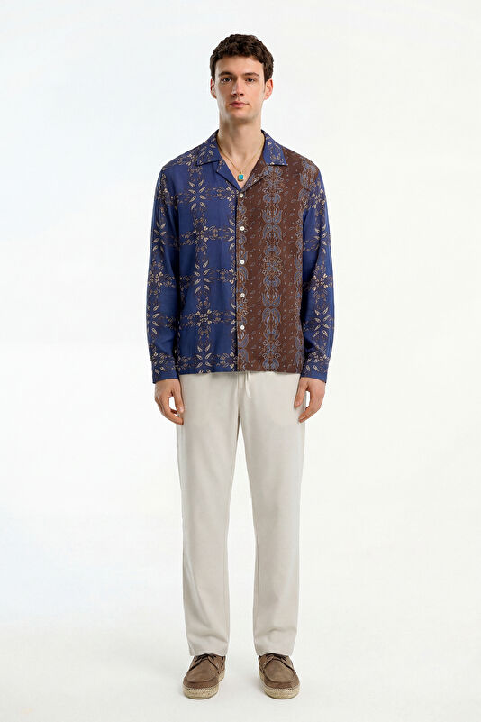 Relax Fit Blue Patterned Resort Collar Men's Shirt 3