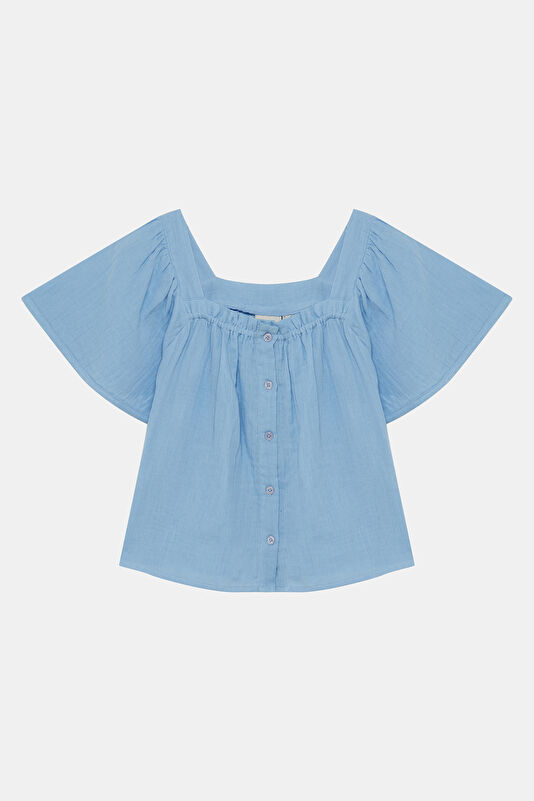 Blue Short-Sleeved Women's Blouse