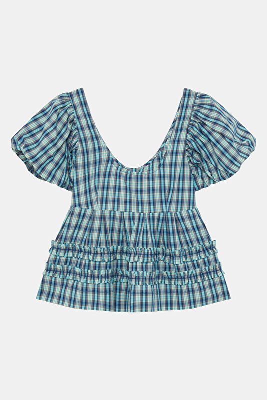 Dark Blue Plaid Short-Sleeve Women's Blouse