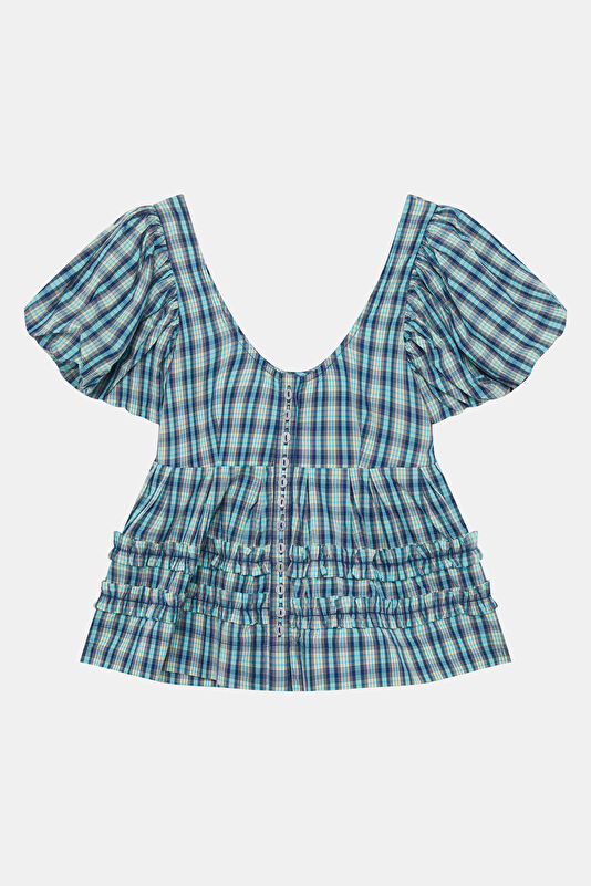 Dark Blue Plaid Short-Sleeve Women's Blouse 2