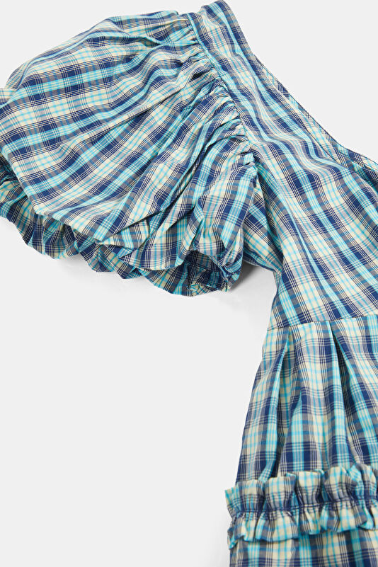 Dark Blue Plaid Short-Sleeve Women's Blouse 3
