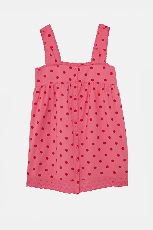 Pembe Puantiye Mini Pamuk/Keten Kadın Elbise