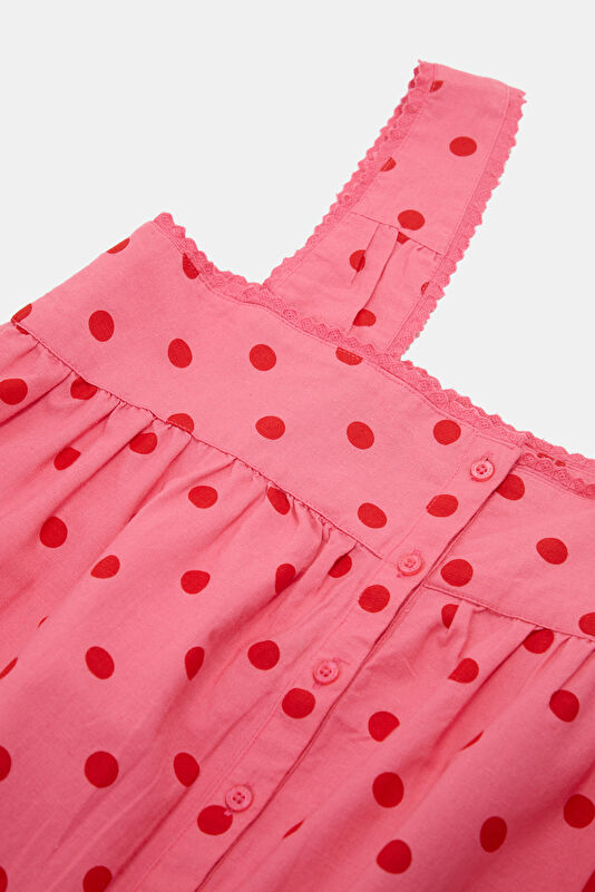 Pembe Puantiye Mini Pamuk/Keten Kadın Elbise 3