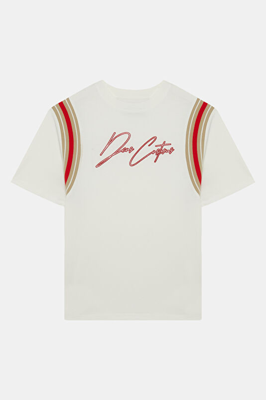 Beyaz O Yaka Desenli Kadın T-Shirt
