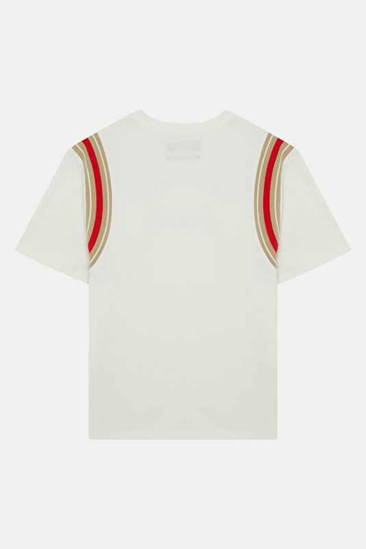 Beyaz O Yaka Desenli Kadın T-Shirt 2