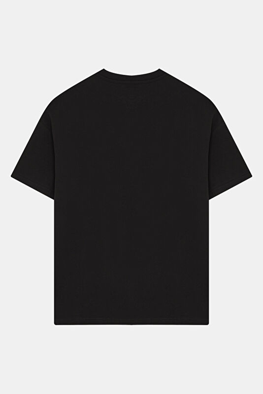 Relax Kalıp Siyah Bisiklet Yaka Baskılı Erkek T-Shirt 2