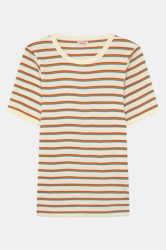 Ekru O Yaka Çizgili Desenli Kadın T-Shirt