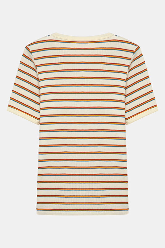 Ekru O Yaka Çizgili Desenli Kadın T-Shirt 2