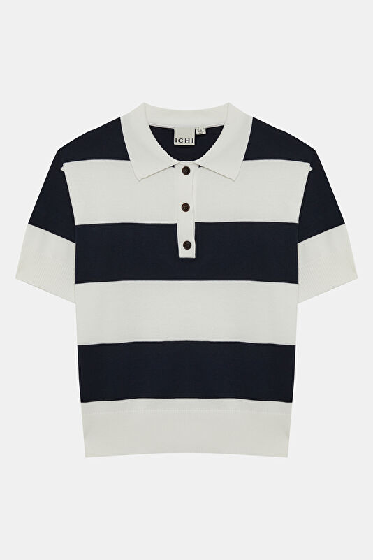 Lacivert Polo Yaka Çizgili Kadın T-Shirt