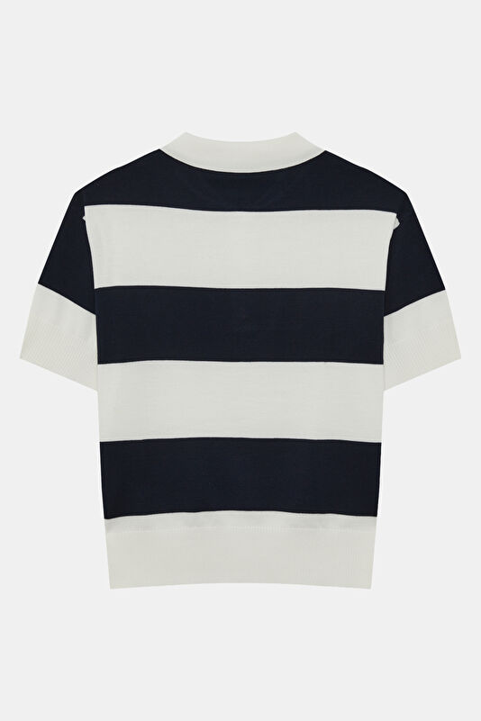 Lacivert Polo Yaka Çizgili Kadın T-Shirt 2