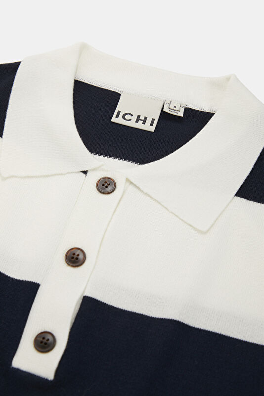 Lacivert Polo Yaka Çizgili Kadın T-Shirt 3
