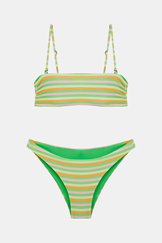 Green Striped Patterned Tie-Up Women's Bikini
