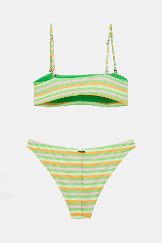 Green Striped Patterned Tie-Up Women's Bikini 2