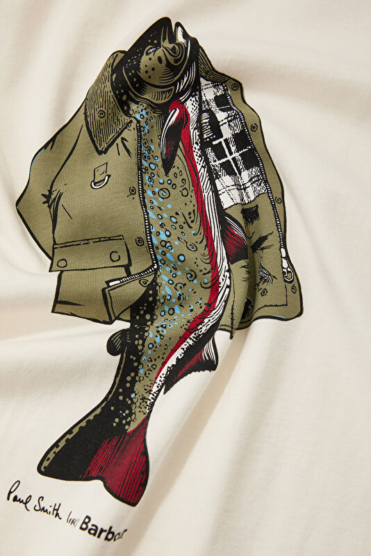 X Paul Smith Fishing Krem Bisiklet Yaka Baskılı Erkek T-Shirt 4