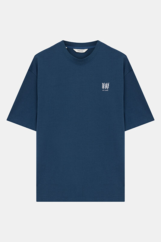 Relax Kalıp Mavi Bisiklet Yaka Erkek T-Shirt