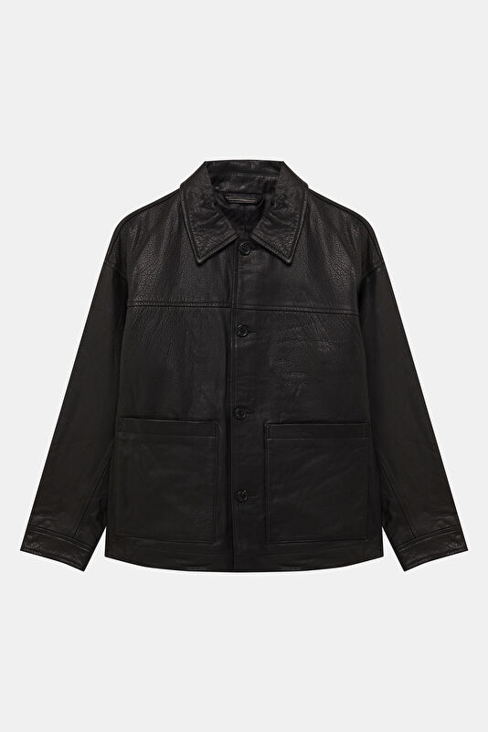 Black Buttoned Leather Men's Jacket